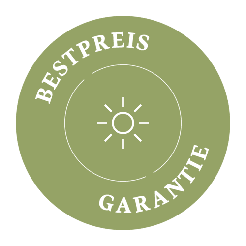 Grünes rundes Siegel mit weißer Sonnen-Ikone in der Mitte und Text „BESTPREIS GARANTIE“ im Bogen